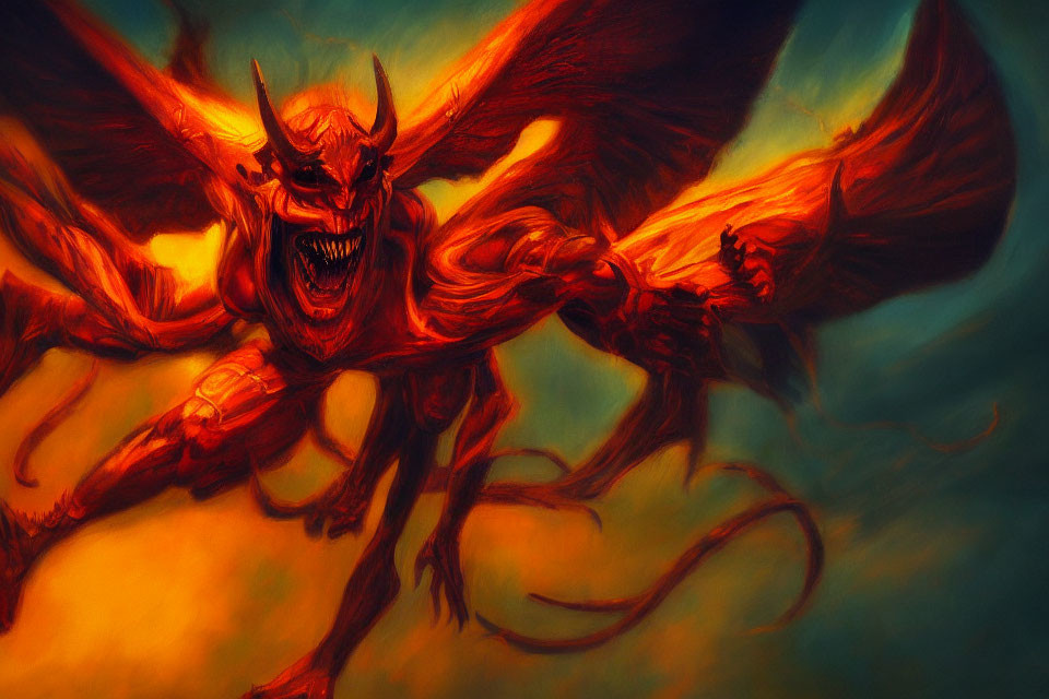 Fiery red and orange demonic creature with bat-like wings and sharp claws