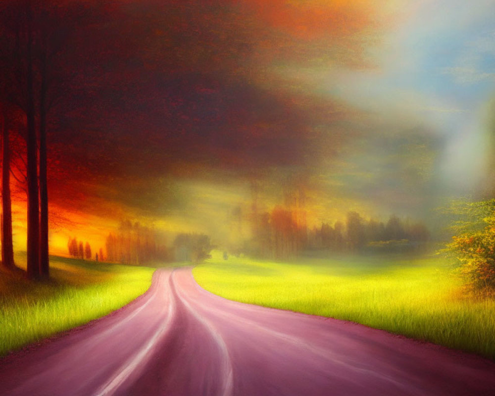 Colorful Landscape: Meandering Road with Radiant Light and Trees