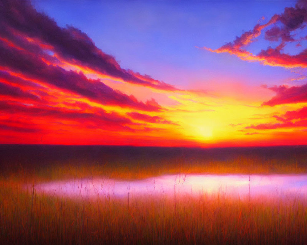 Scenic sunset with red and orange hues reflecting on water, silhouetted grass, dramatic sky