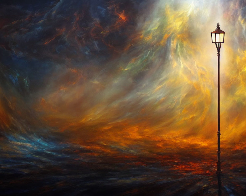 Solitary Street Lamp Against Dramatic Fiery Clouds