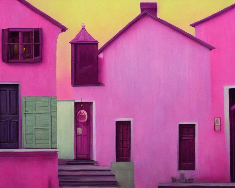 Vibrant pink houses with green shutters against a soft purple sky