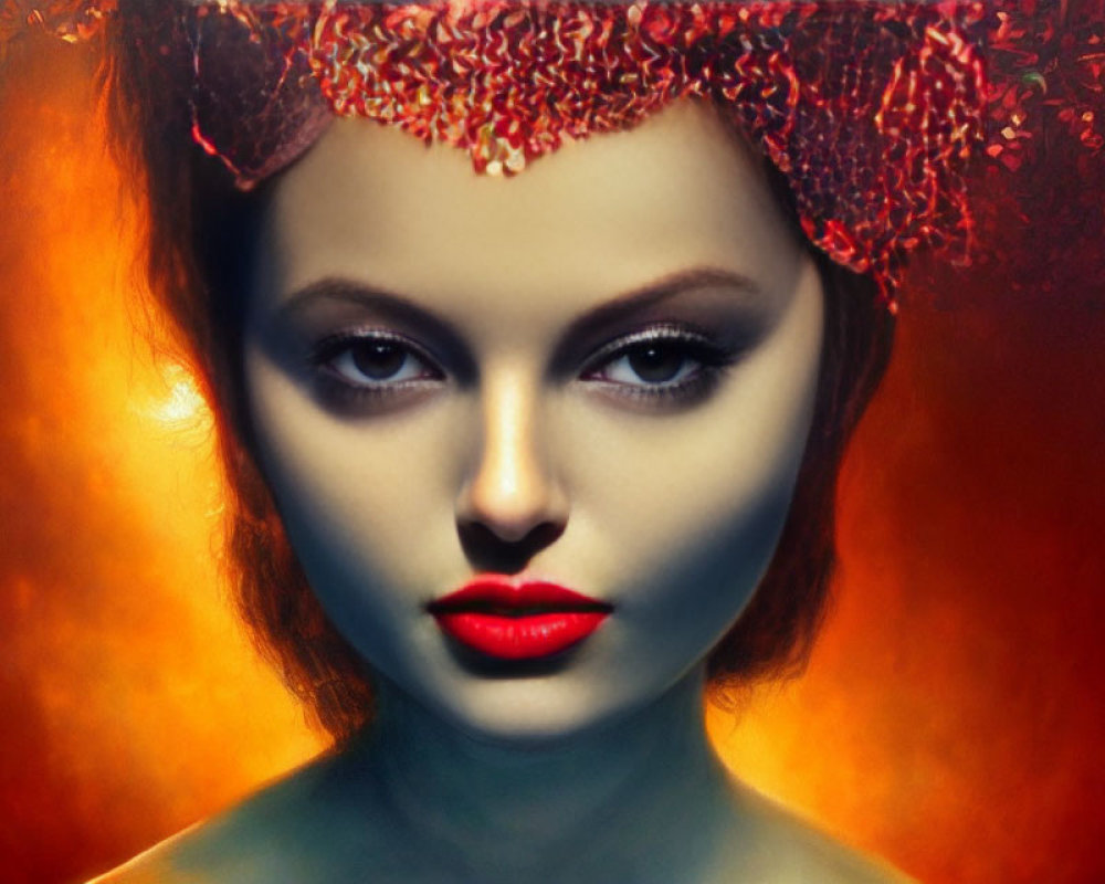 Portrait of woman with striking make-up and red jeweled headpiece in fiery background