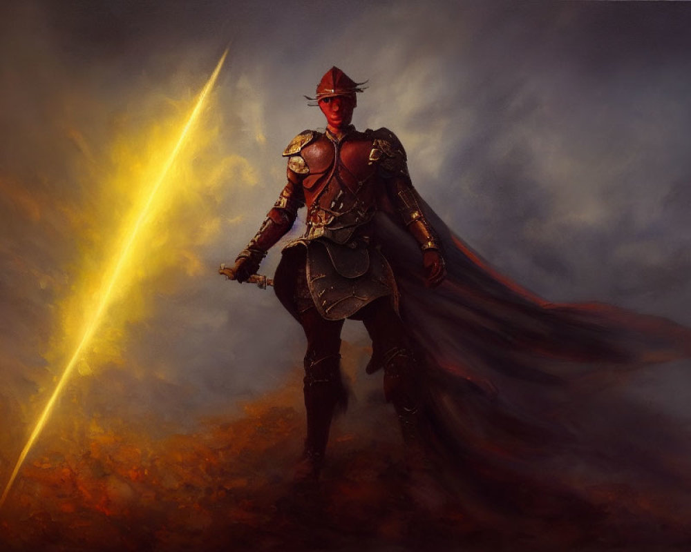 Knight in Full Armor with Glowing Sword in Fiery Battle Scene