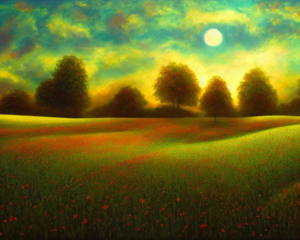 Moonlit Field with Trees and Red Poppies in Warm Tones