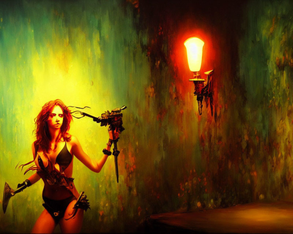 Woman with Gun and Axe in Post-Apocalyptic Scene under Dramatic Lighting