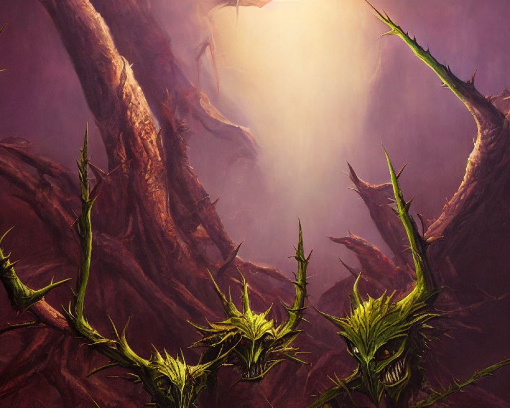 Fantastical landscape with towering thorny plants and twisted branches