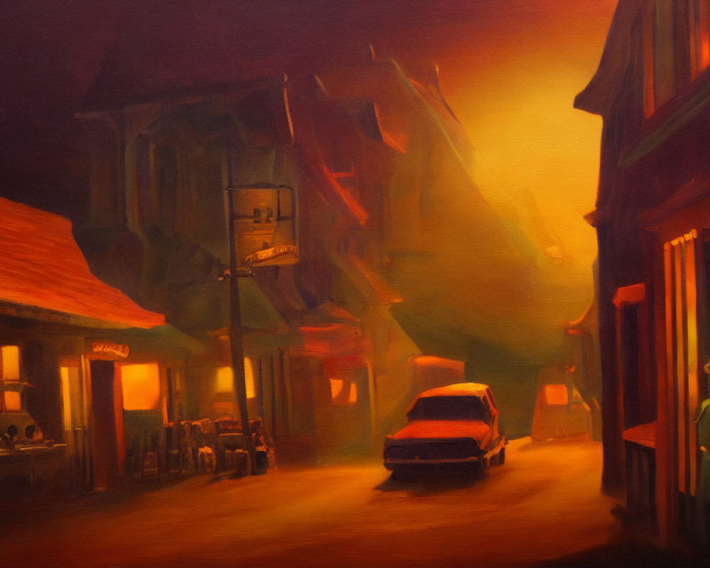 Vintage Street Painting: Quiet Dusk Scene with Car and Streetlights