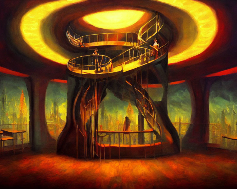 Futuristic spiraled structure in warm-toned painting with glowing rings and abstract cityscape.