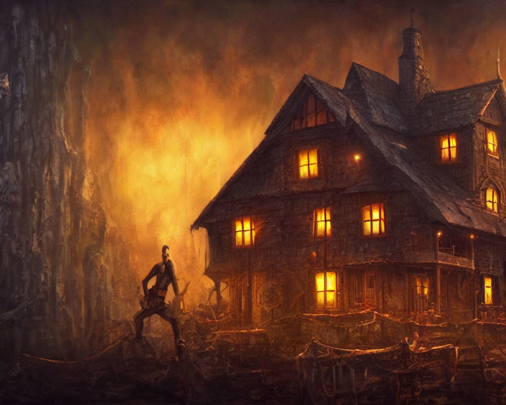 Person approaching illuminated house at night against dark cliffs and orange sky