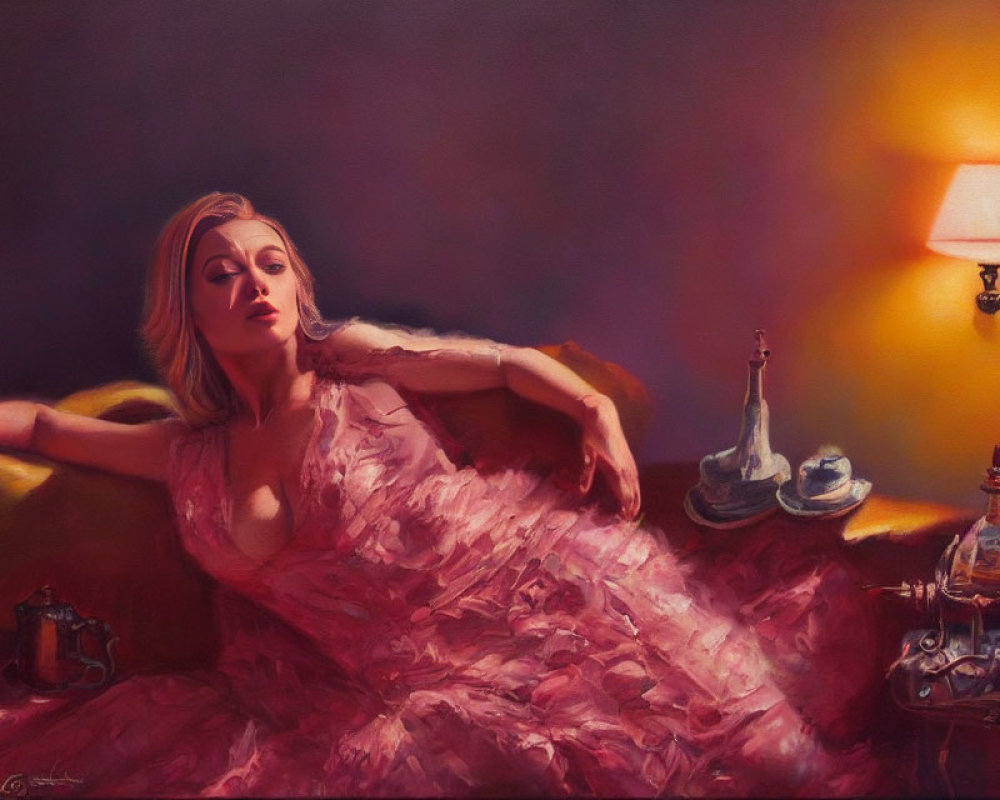Woman in Pink Dress Relaxing on Couch in Dimly Lit Room
