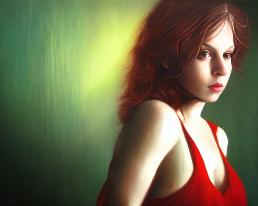 Digital painting of woman with red hair in red dress against greenish backdrop
