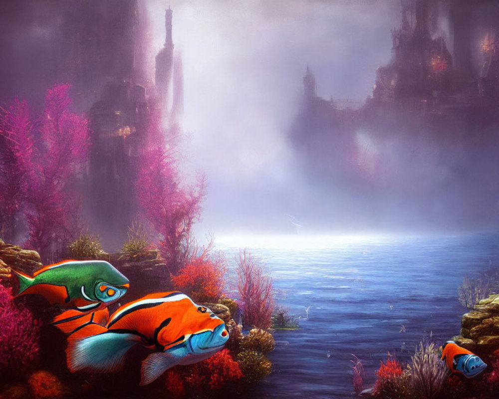 Vibrant clownfish in surreal underwater scene with pink coral and industrial ruins