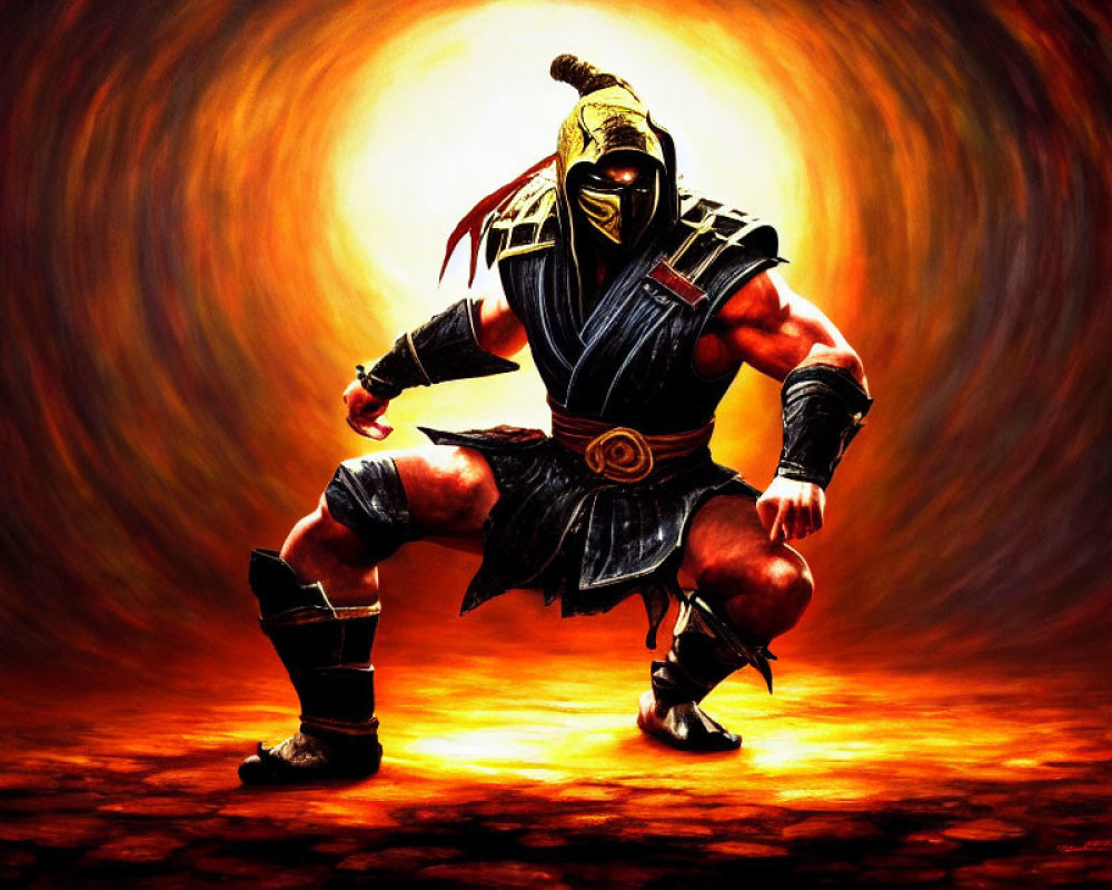 Muscular warrior in ninja garb and armored mask against fiery orange backdrop