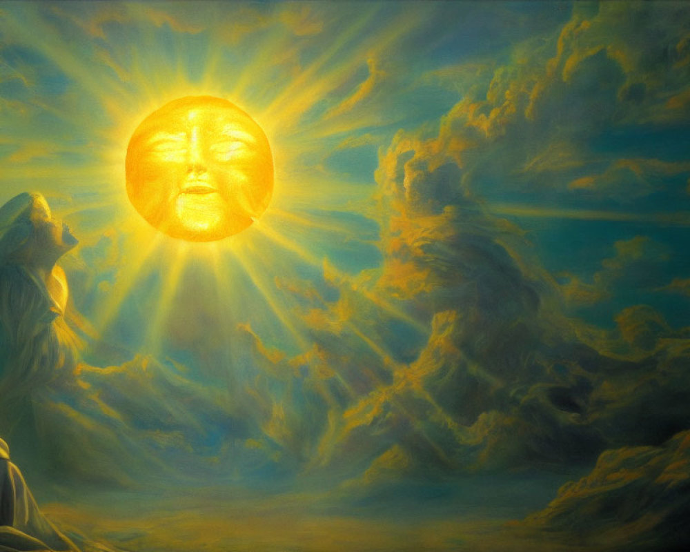 Colorful painting of person in contemplative pose with glowing sun and human face in golden clouds