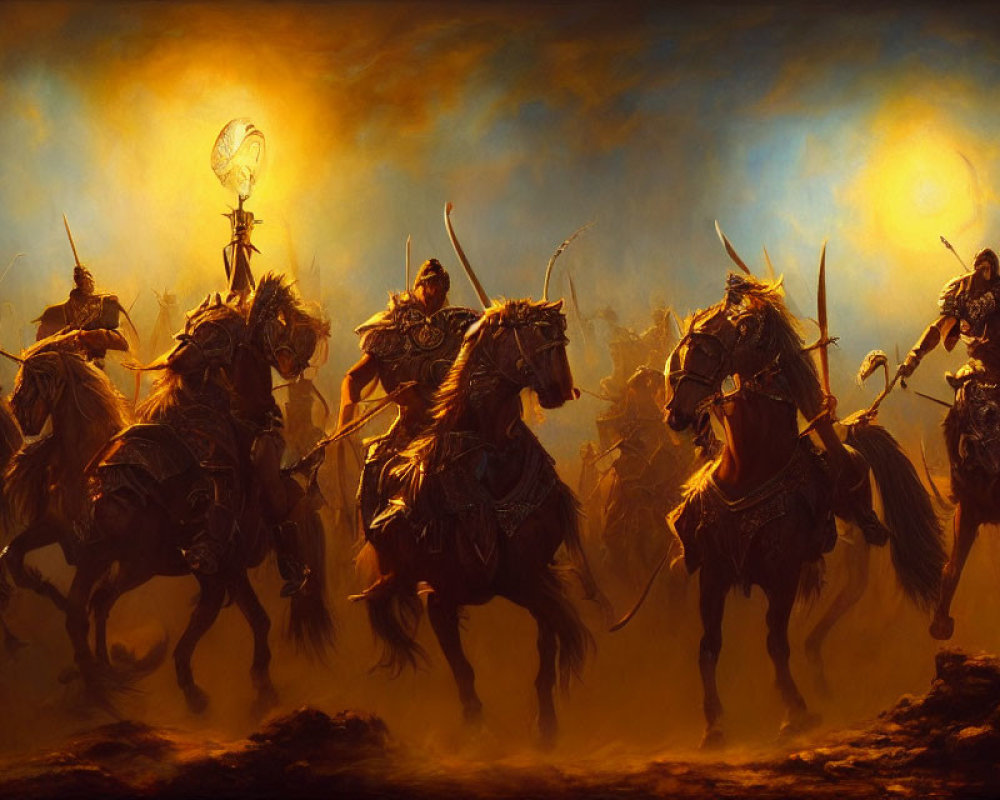 Armored warriors on horseback charging into battle under golden sky