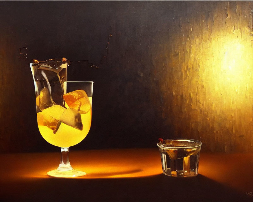 Still-life painting of three glasses with amber liquid and ice on warm-toned backdrop