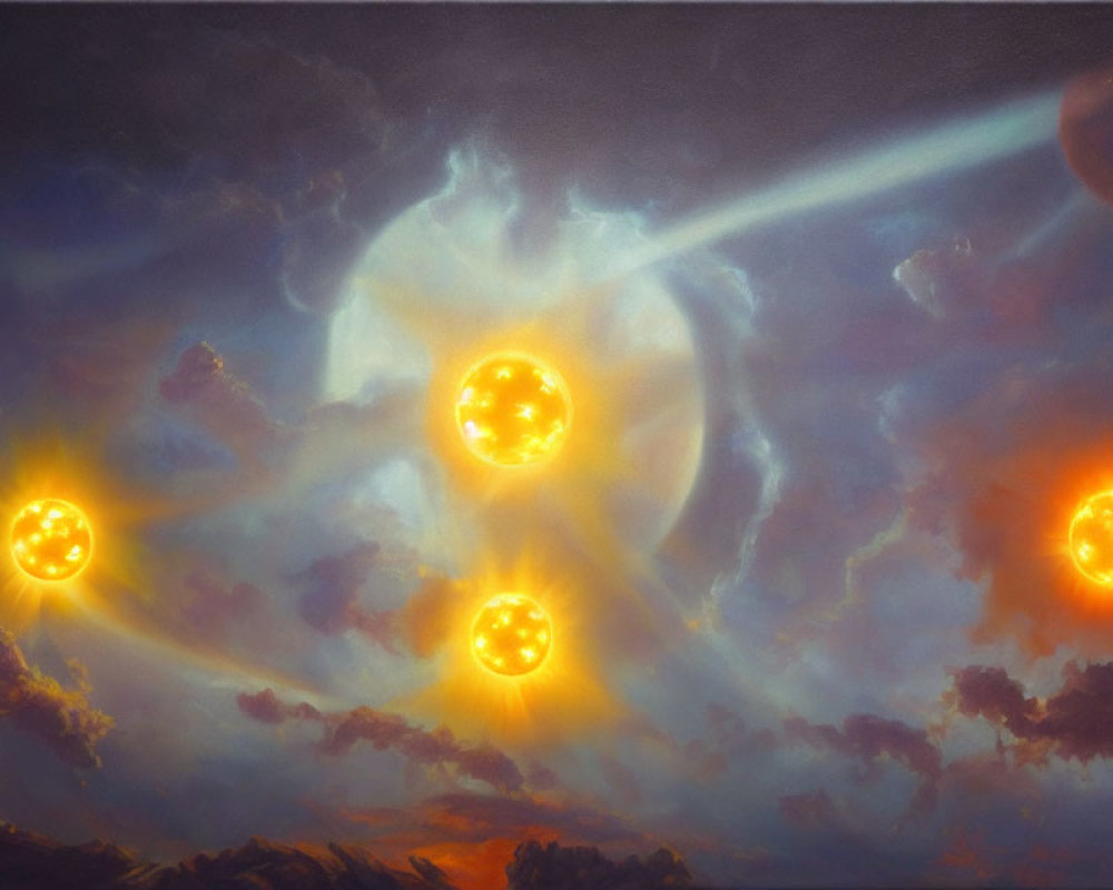 Surreal sky painting with bright orbs and light beams in clouds