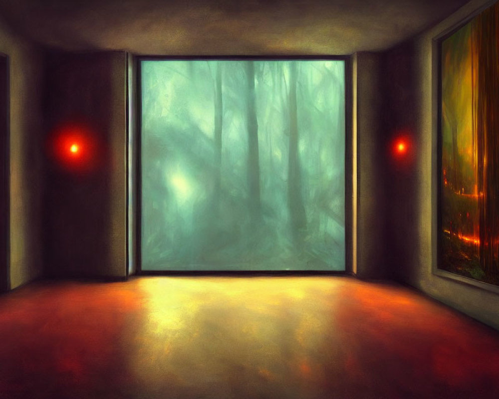 Dark room with large window, foggy forest view, red eyes, warm glow.