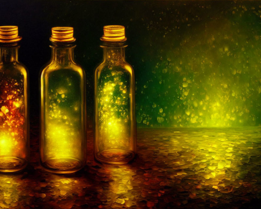 Illuminated Glass Bottles with Glowing Contents on Reflective Surface