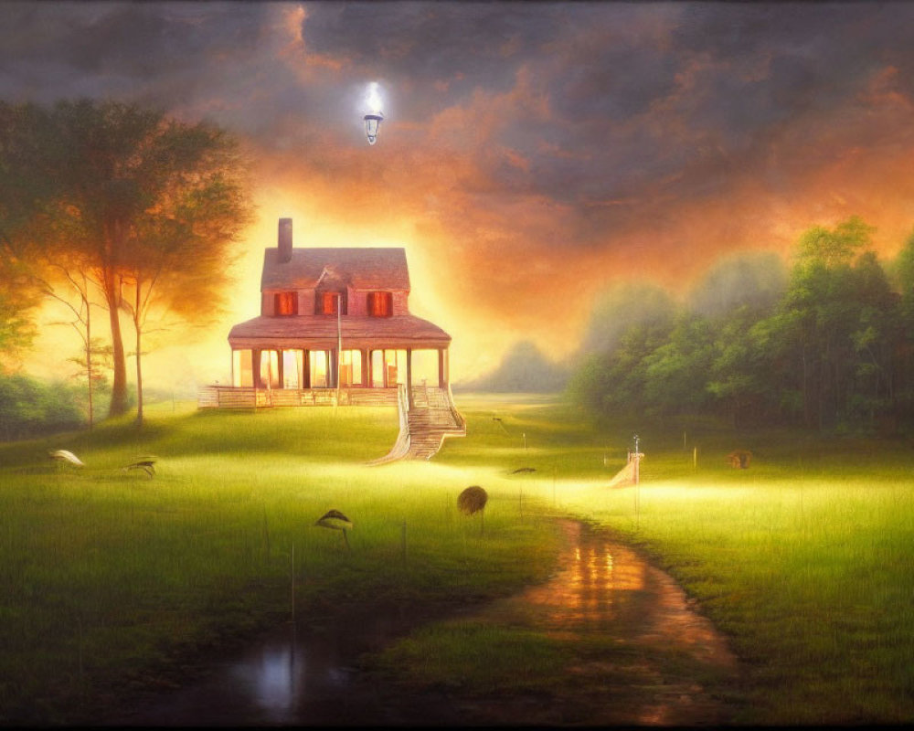 Tranquil rural landscape at dusk with cozy house, sunset skies, birds, and distant hot air