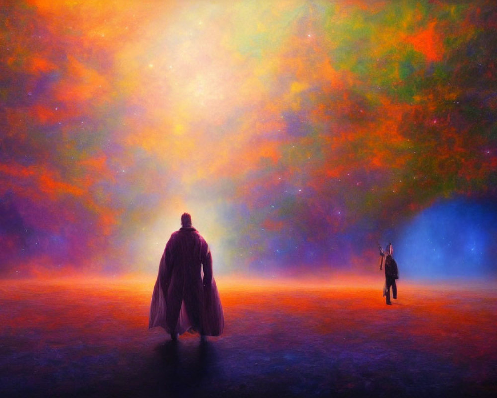 Silhouetted figures under vibrant cosmic nebula colors