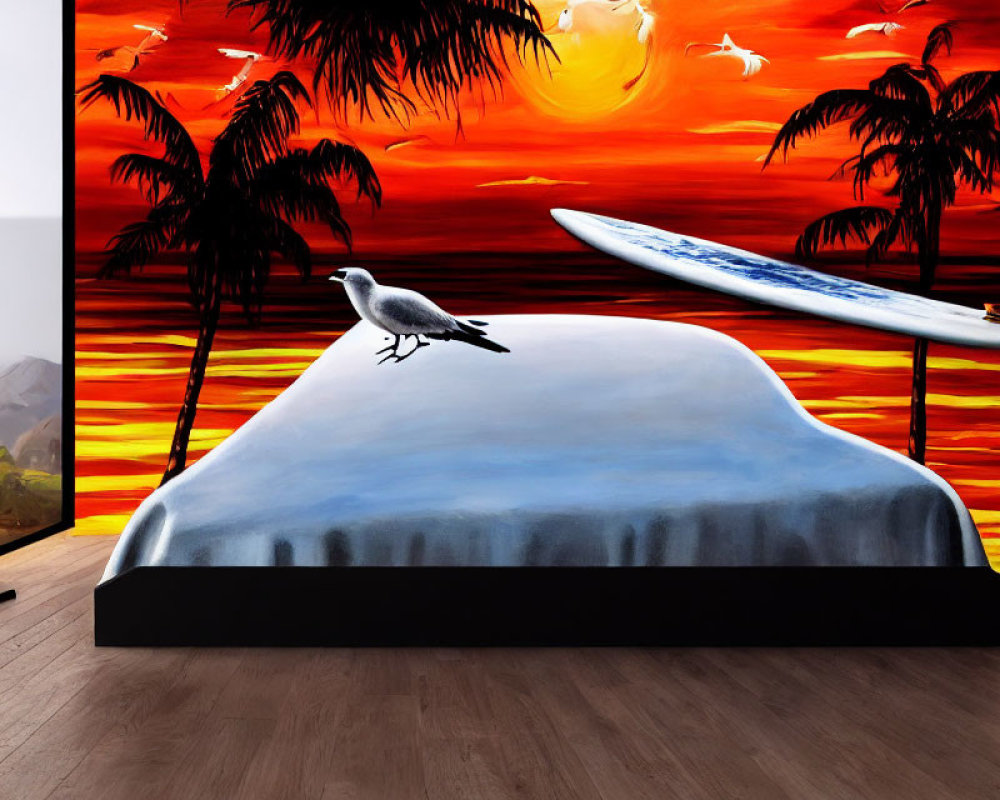 Car covered in room with tropical beach mural, surfboard, seagull, and TV.