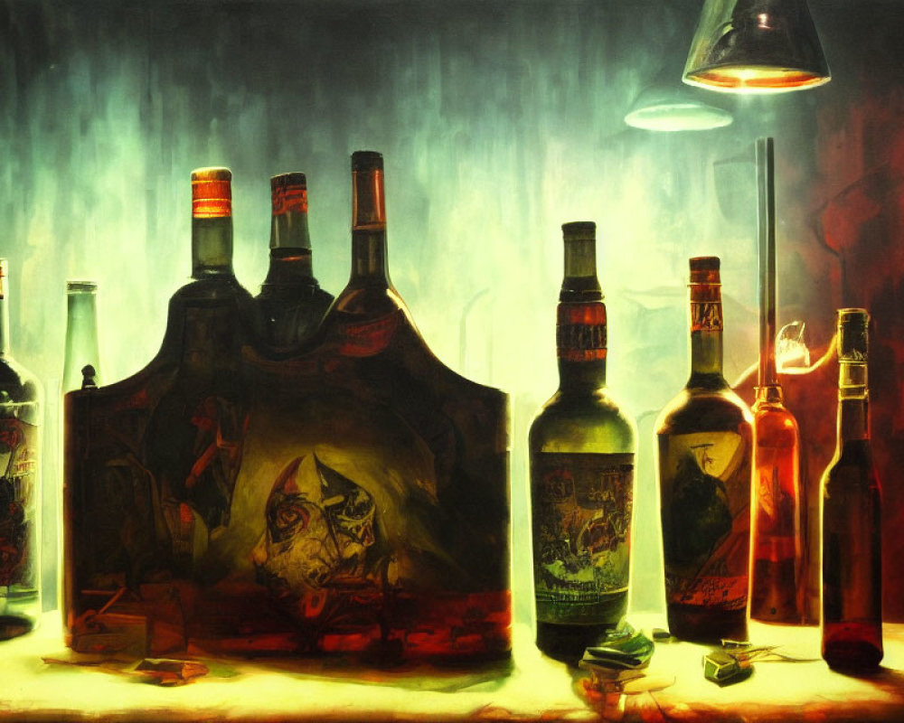Moody bar scene with bottles and pendant lamp glow