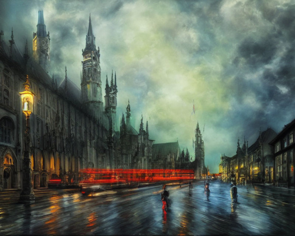 Historic Gothic street scene with pedestrians and red bus under dramatic sky