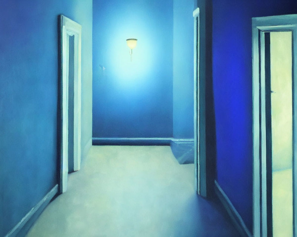 Dimly Lit Hallway with Blue Walls and Three Ajar Doors