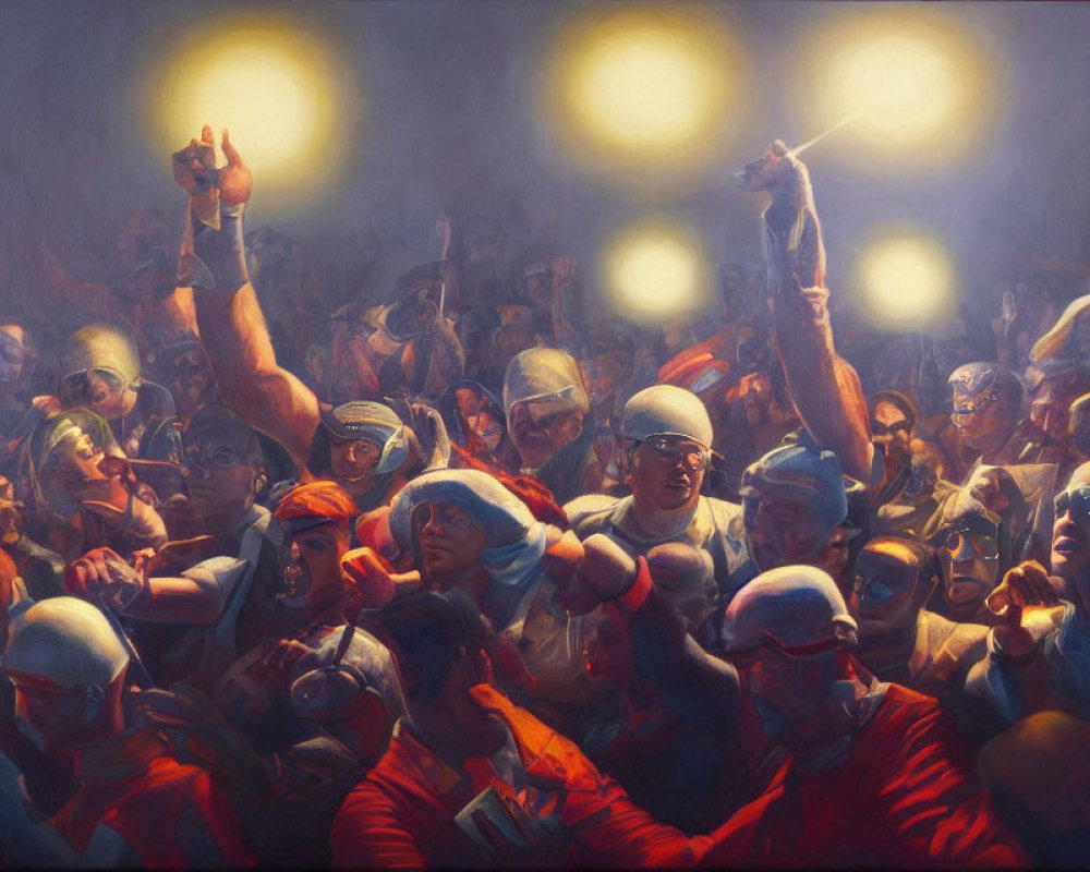Vibrant painting of people with raised fists under warm lights