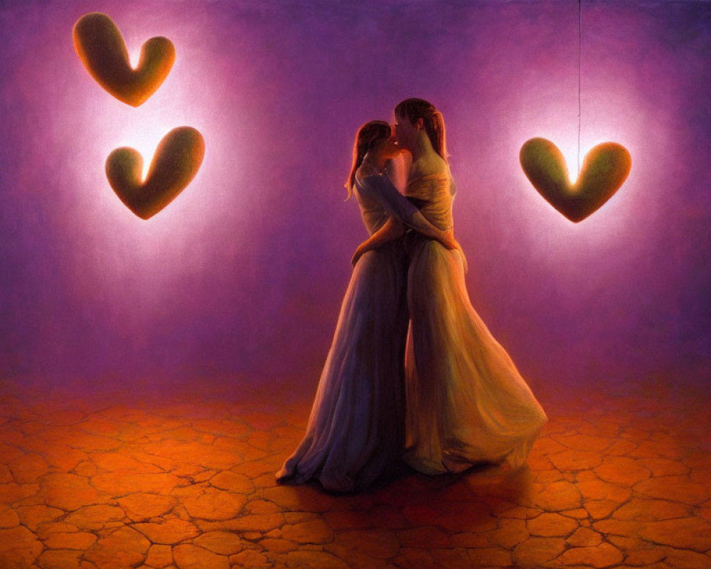 Embracing dance scene with warm purple glow and heart-shaped lights