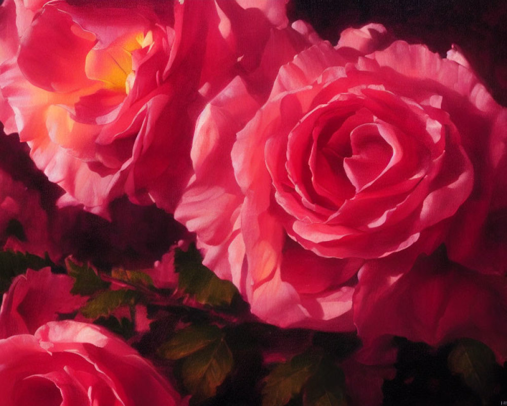 Vibrant Pink Roses in Full Bloom on Dark Background