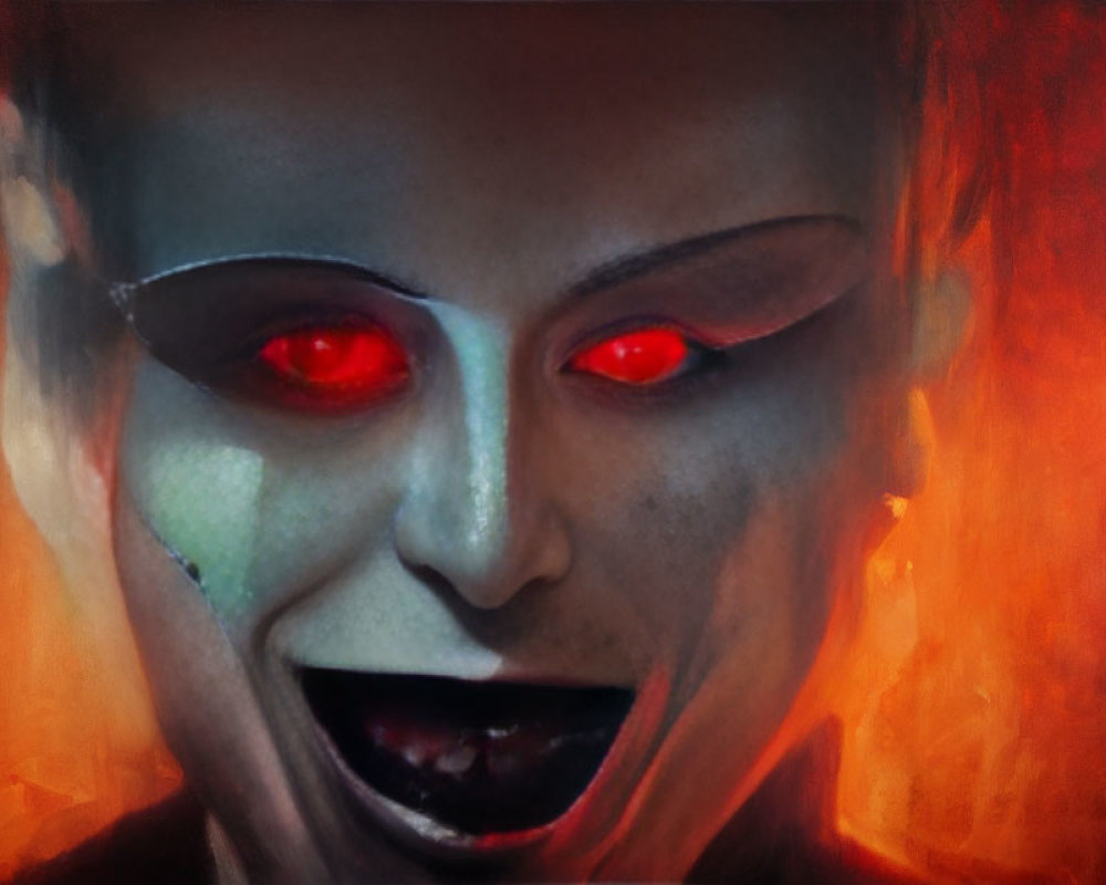 Sinister figure with glowing red eyes on fiery red background