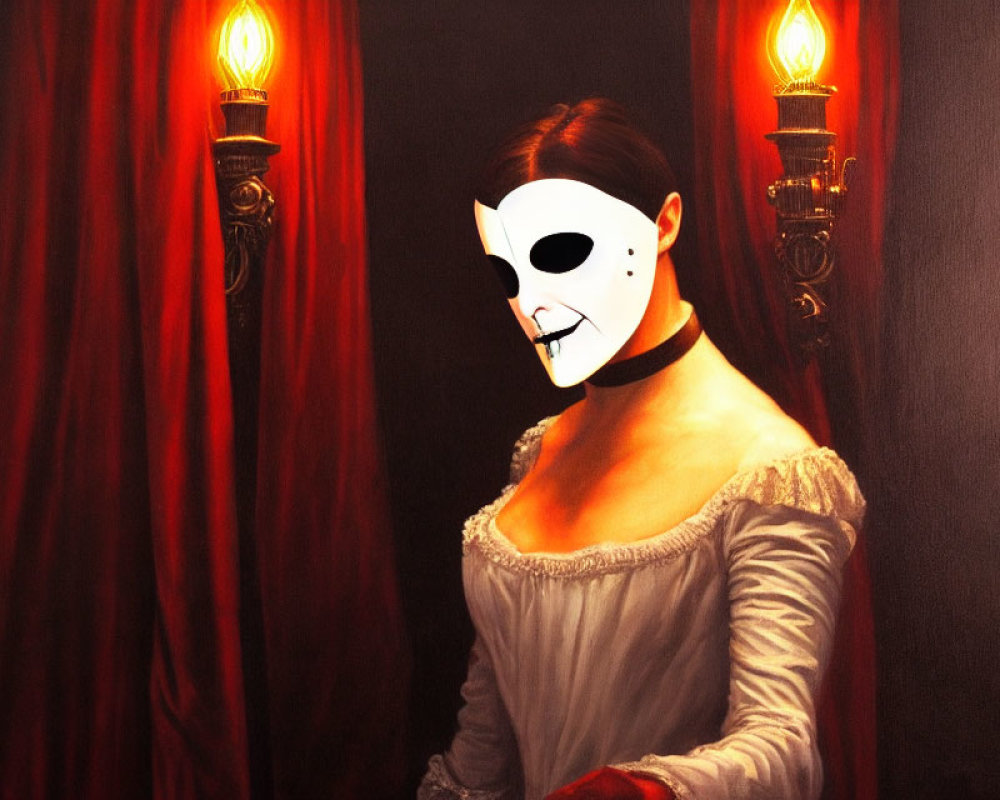 Historical costume and white half-face mask between red curtains under wall-mounted lamps
