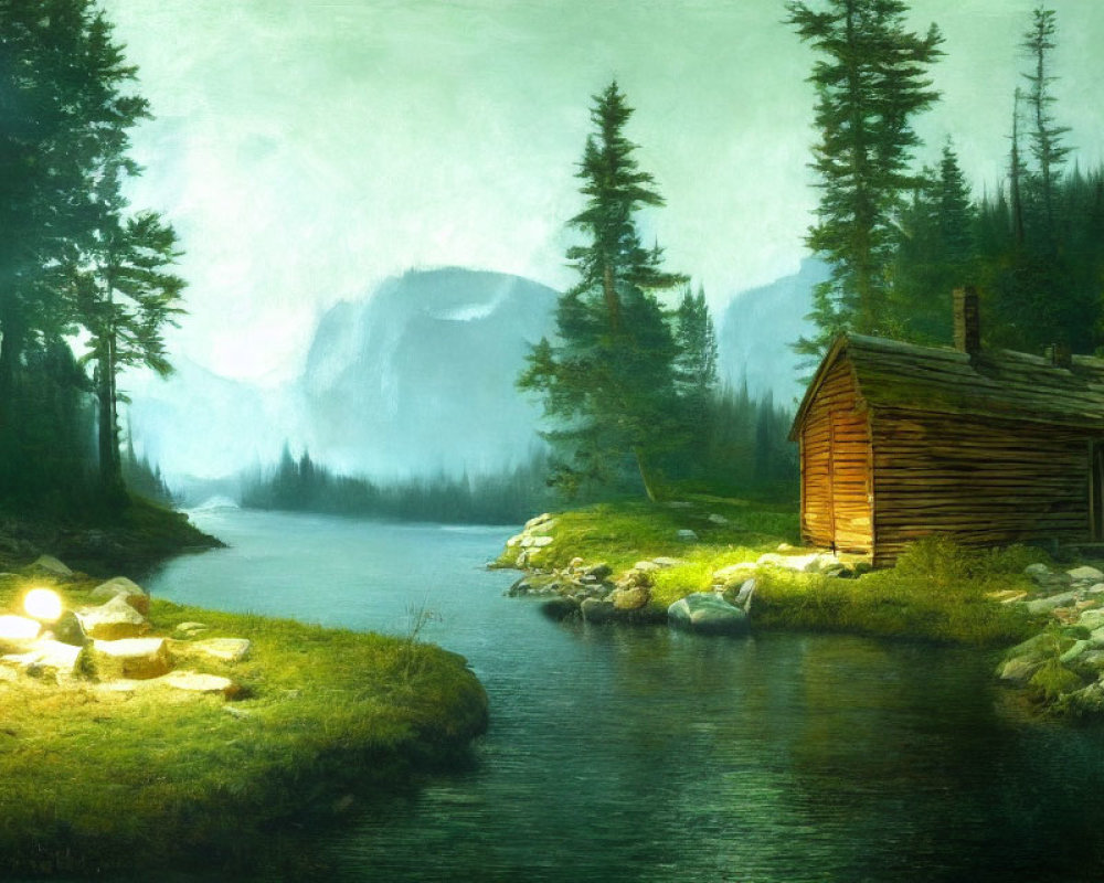 Tranquil landscape: wooden cabin by river, lush trees, hazy mountains