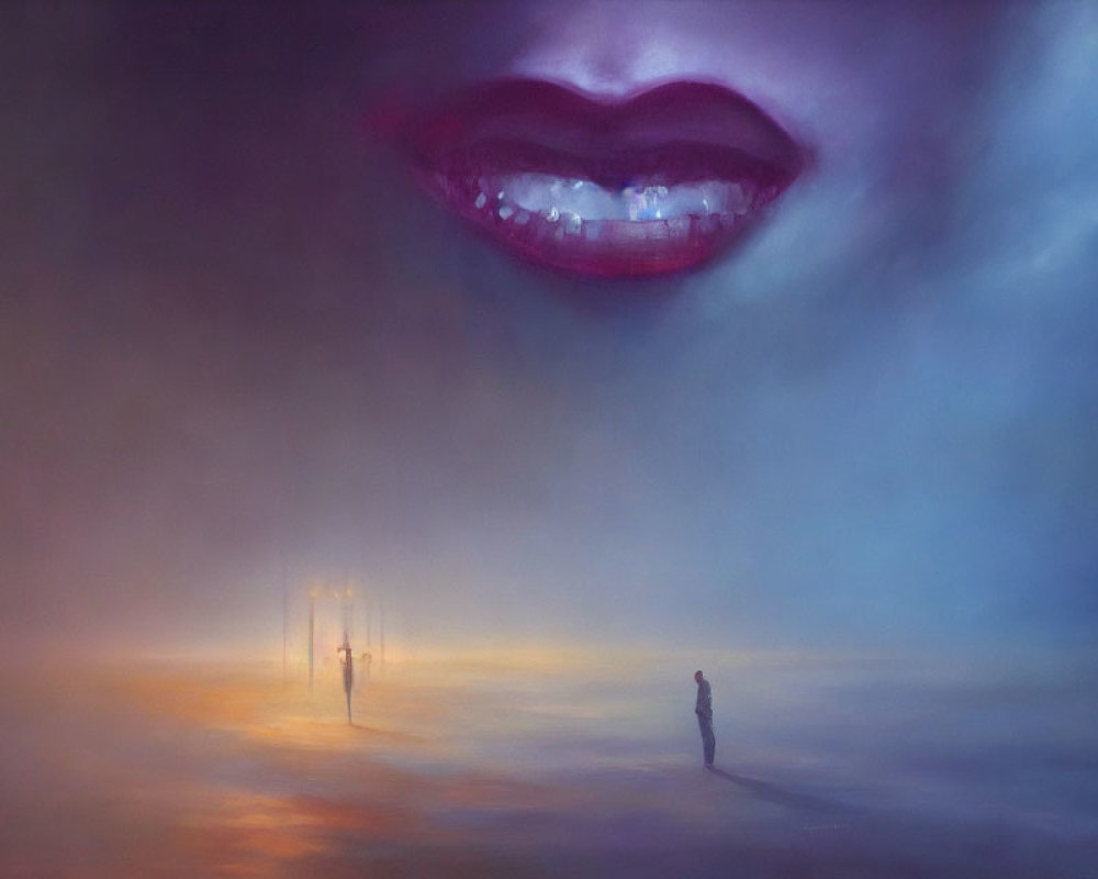 Surreal painting: oversized ethereal lips above misty scene
