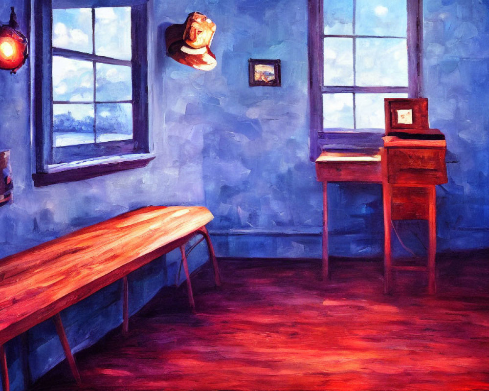 Blue-themed Room with Wooden Bench, Red Chair, Lanterns, and Paintings