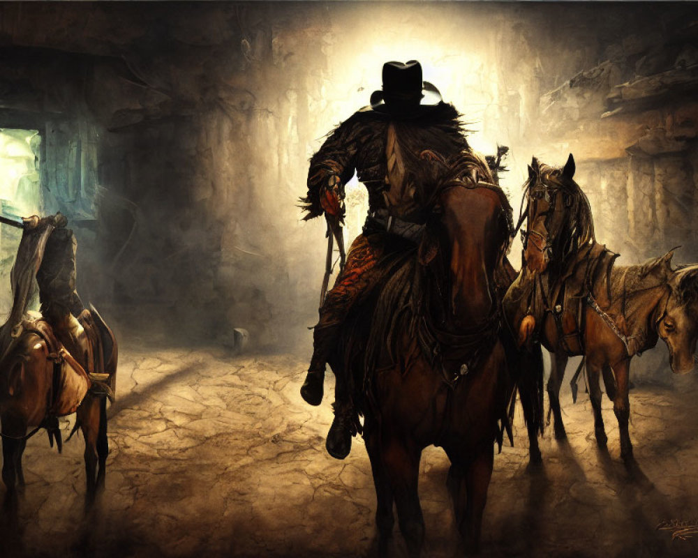 Cowboy leading three horses through dim dusty setting