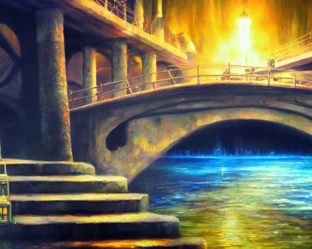 Nocturnal painting: serene bridge over tranquil waters with glowing lamp post and bottle.