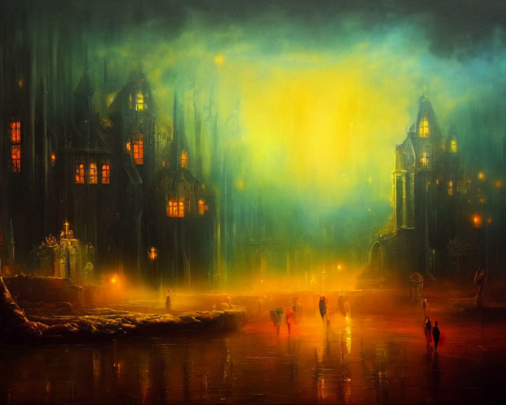 Mysterious night cityscape with warm glows and gothic architecture