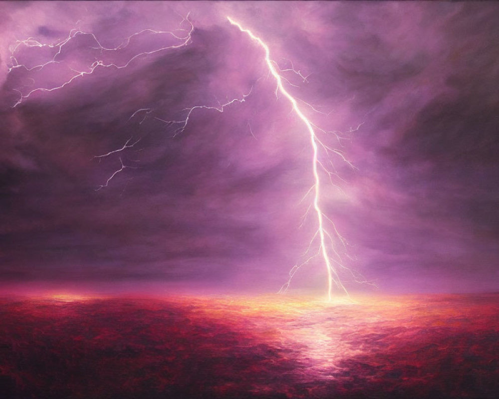Dramatic lightning strike in surreal purple sky landscape