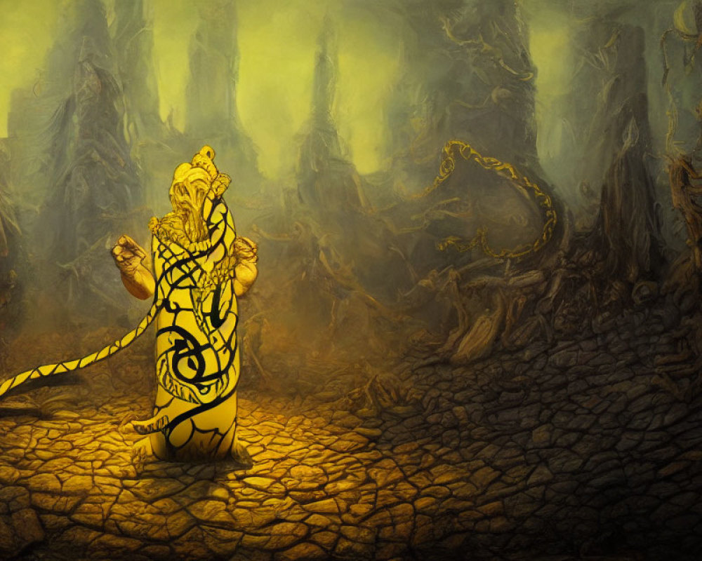 Illustrated mythical serpent creature playing flute in mystical forest
