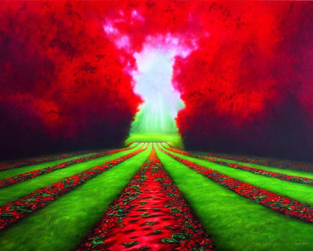 Symmetrical painting of verdant pathway with red flowers under red canopy