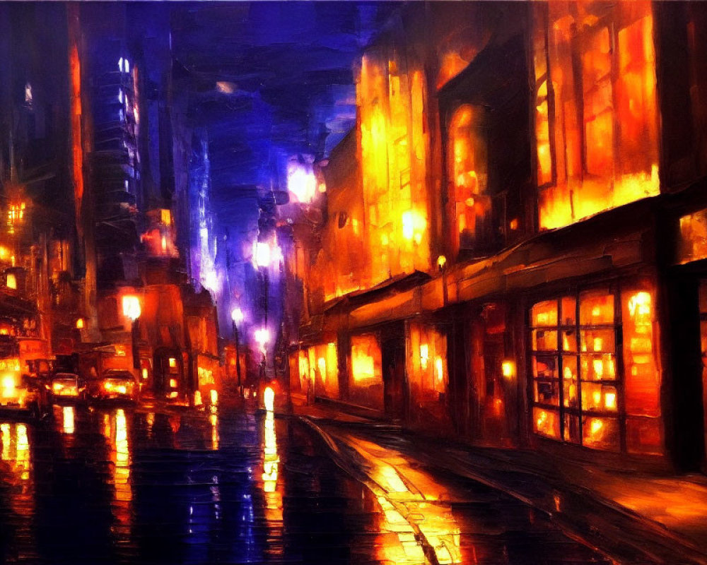 Night cityscape with illuminated windows, wet streets, and streetlight glow