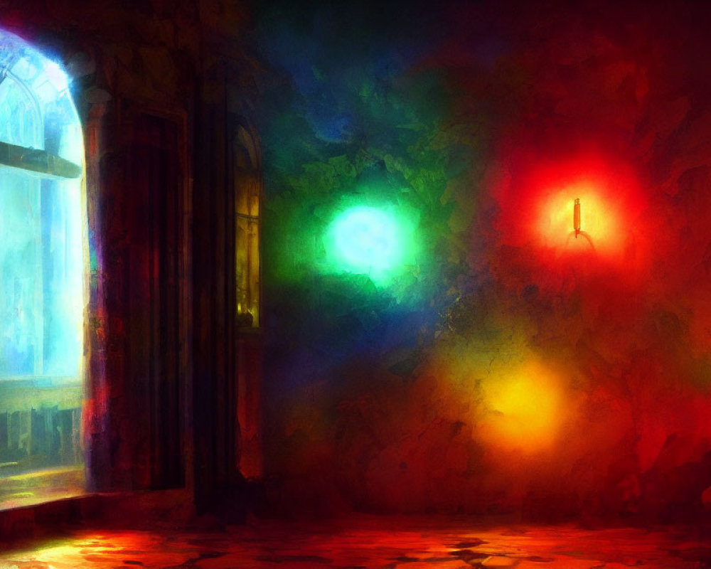 Colorful surreal illustration of atmospheric room with candle-lit sconce, sunlight, and nebulous