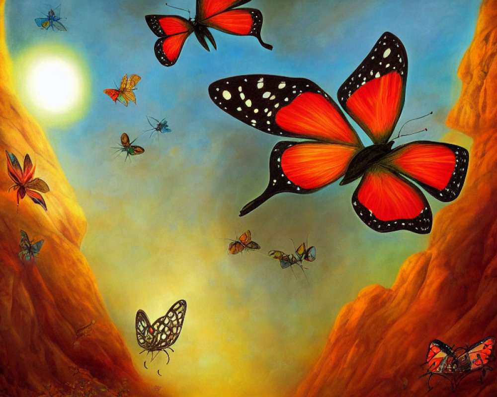 Colorful Butterfly Painting in Vibrant Canyon Landscape