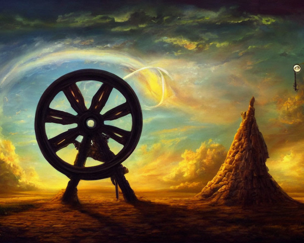 Surreal landscape with large wheel, legs, cone hill, crescent moon, and floating object
