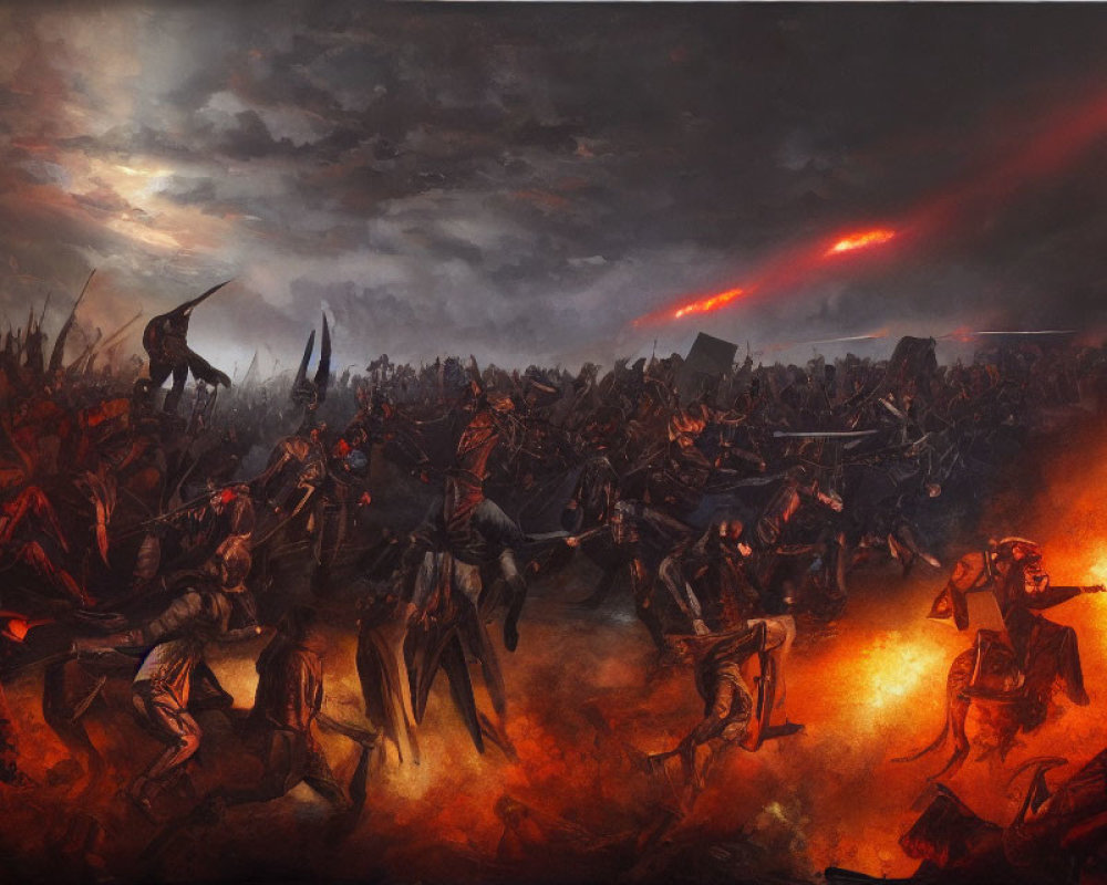Humanoid creatures in fiery battle under red sky in dark landscape