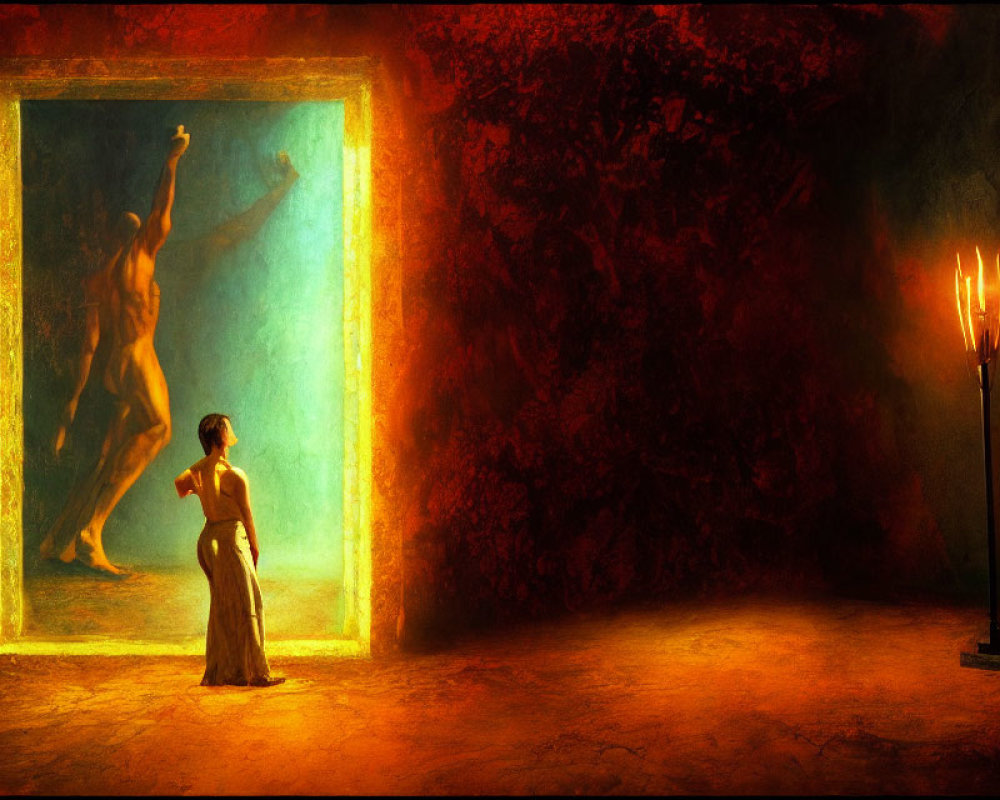 Dimly lit room with red walls, glowing doorway, silhouette, candelabra
