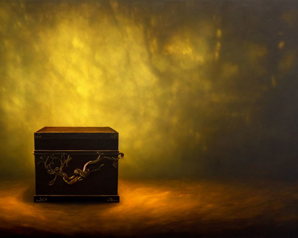 Ornate black chest with gold trim on textured golden backdrop with dramatic lighting